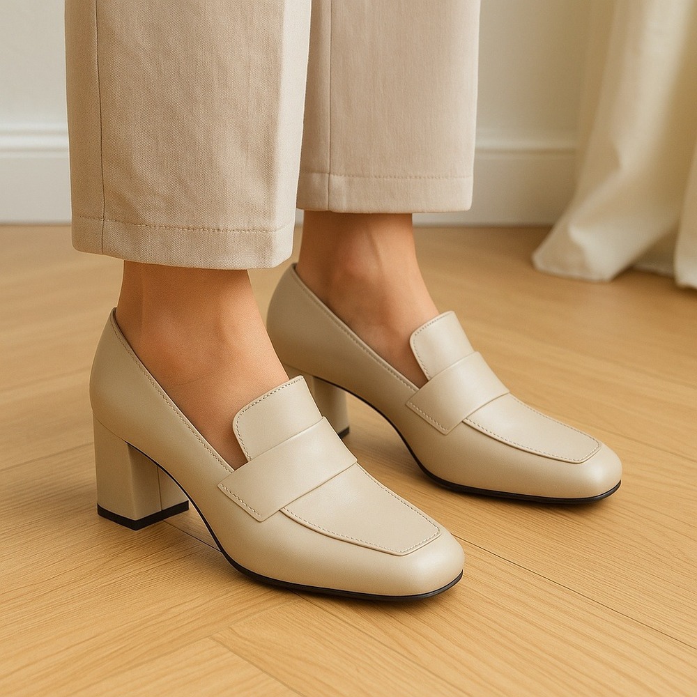 M. Gemi Cream Leather Block-Heel Loafers